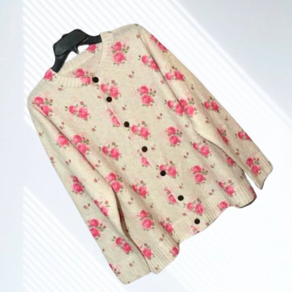 NWOT Gorgeous Pink Rose Floral Print Knit Cardigan Sweater Layering Size 2XL - Picture 4 of 13
